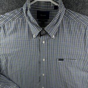 Faconnable XL Classic Long Sleeve Button Up Shirt Green Blue Check Cotton Adult